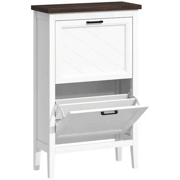 HOMCOM Dulap pentru Pantofi cu 2 Sertare Rabatabile, Design Country Slim cu Rafturi Reglabile, Organizator Freestanding pentru Intrare, Hol, Living, Capacitate 8-12 Perechi, Alb | Aosom Romania