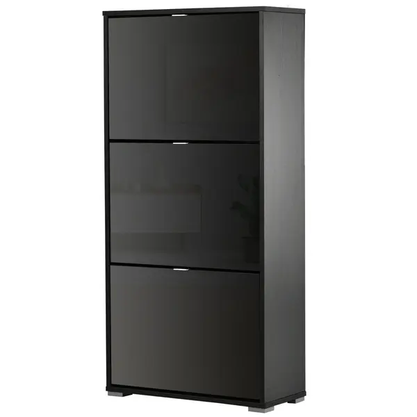 HOMCOM Dulap pentru Pantofi Cu 3 Uși Rabatabile 3 Compartimente din Lemn dim. 60L x 26l x 124Î cm Negru lucios | Aosom Romania
