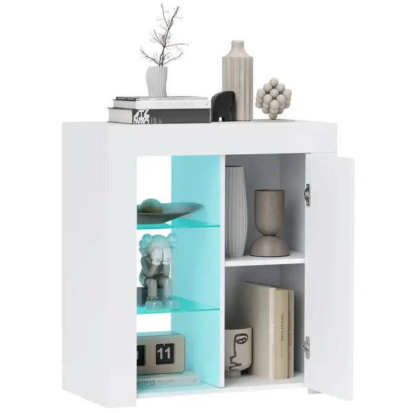 HOMCOM Dulap pentru Sufragerie cu Lumini LED, 3 Rafturi Deschise și un Dulăpior cu 2 Niveluri, 75x40,1x83 cm, Alb | Aosom Romania