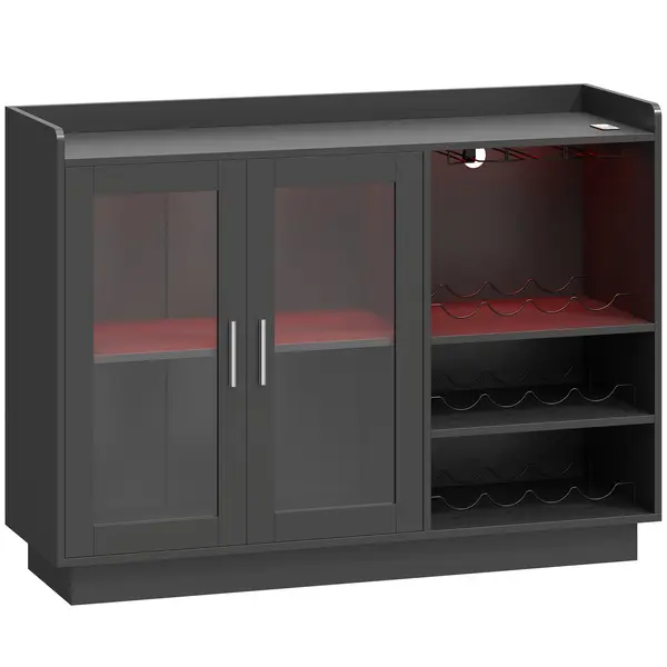 HOMCOM Dulap Port-Sticle cu Lumini LED RGB și Suport pentru 12 Sticle, Dulap pentru Vinuri cu Raft Reglabil și Uși cu Închidere Lentă din Sticlă pentru Casă, Bucătărie și Sufragerie, Negru | Aosom Romania