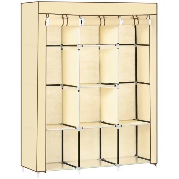 HOMCOM Dulap Portabil din Stofă cu 8 Rafturi și 2 Bare, Organizator Haine cu Ușă Rulantă, 125x43x162.5 cm, Bej | Aosom Romania