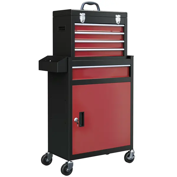 HOMCOM Dulap Rulant pe Roți pentru Scule, cu 5 Sertare și Dulap, Comodă Portabilă pentru Scule, Dulap cu Role, 60x28x102 cm, Roșu | Aosom Romania