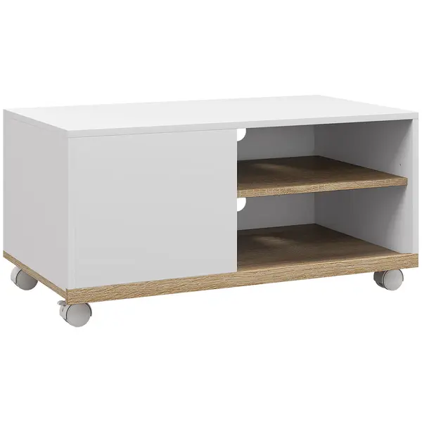 HOMCOM Dulap TV 42" Max cu 2 Rafturi deschise si Usa, Dulap TV Jos din PAL cu Roti, 80x45x39.5 cm, Alb | Aosom Romania