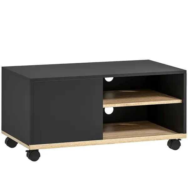 HOMCOM Dulap TV 42" Max cu 2 Rafturi deschise si Usa, Dulap TV Jos din PAL cu Roti, 80x45x39.5 cm, Alb | Aosom Romania