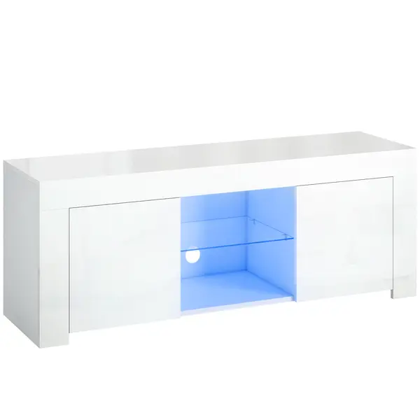 HOMCOM Dulap TV cu iluminare LED, 2 uși, raft din sticlă, orificii pentru cabluri, pentru living, placă aglomerată, Alb | Aosom Romania