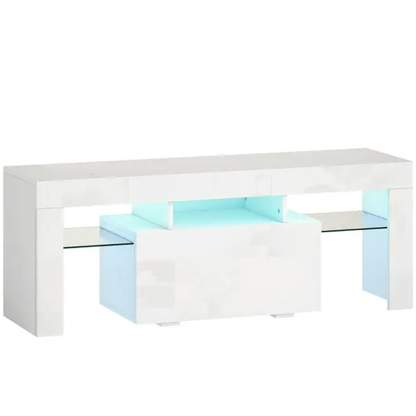 HOMCOM Dulap TV, mobilier TV cu iluminare LED RGB, finisaj ultra-lucios, rafturi din sticlă securizată, 120x34x45cm, alb | Aosom Romania