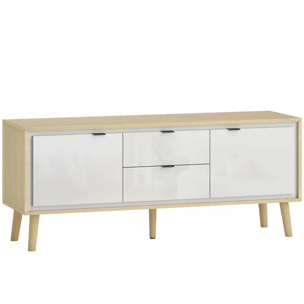 HOMCOM Dulap TV, pentru televizoare până la 140 cm, 2 uși lucioase, 2 sertare silențioase, 120 x 35 x 50 cm, alb | Aosom Romania
