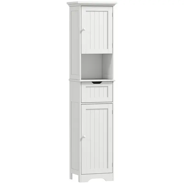 HOMCOM Dulap Vertical pentru Baie Slim cu 2 Dulapuri cu Uși, LED cu Senzor, Economisitor de Spațiu, Raft Deschis, Sertar, Picioare Reglabile, Modern, 40x30x170 cm, Alb | Aosom Romania