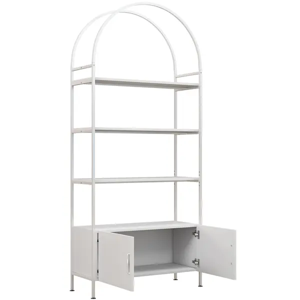 HOMCOM Etajeră de depozitare, bibliotecă arcuită cu 4 niveluri și dulap cu uși duble, 80 x 30 x 187 cm, alb | Aosom Romania