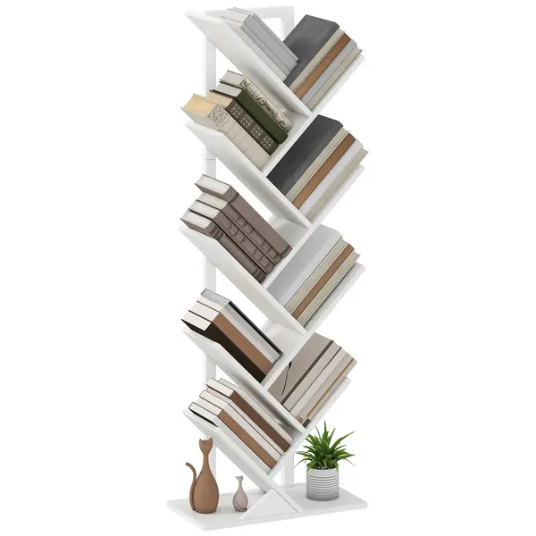 HOMCOM Etajeră în Formă de Copac cu 9 Rafturi și Sistem Antivârf pentru Sufragerie Dormitor 50x24x136 cm Alb | Aosom Romania
