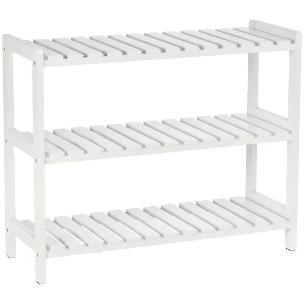 HOMCOM Etajeră pentru încălțăminte, suport pentru pantofi 3 niveluri, rafturi cu lamele, din lemn de pin, 70 x 26 x 57,5 cm, alb | Aosom Romania