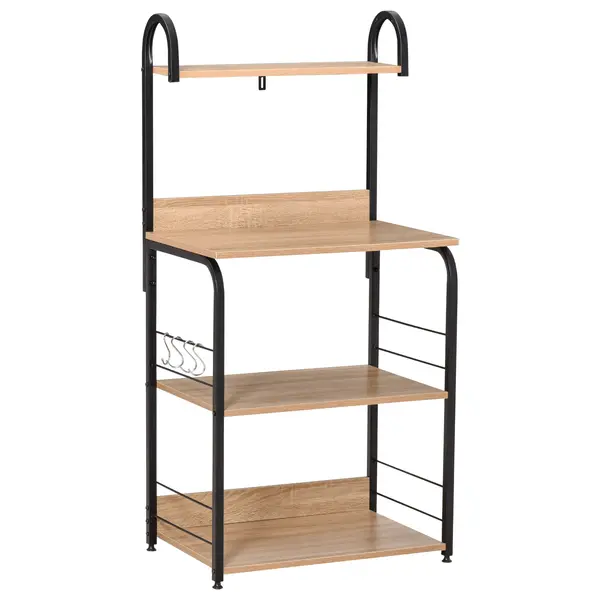 HOMCOM Etajere de bucatarie - etajera cuptor cu microunde - mobilier cuptor cu microunde - 3 rafturi, raft, carlige - panouri de particule aspect stejar deschis cadru metal negru | Aosom Romania