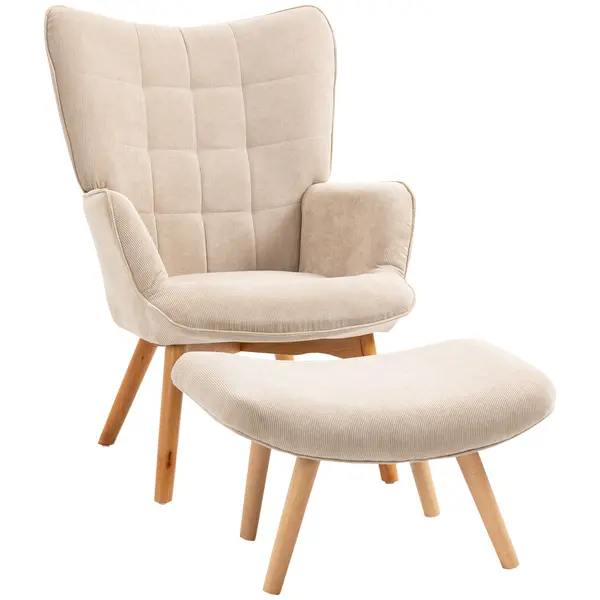 HOMCOM Fotoliu cu Taburet pentru Cameră sau Living din Catifea cu Model Crestat , Spătar Înalt și Brațe, 72x80x101 cm, Bej | Aosom Romania