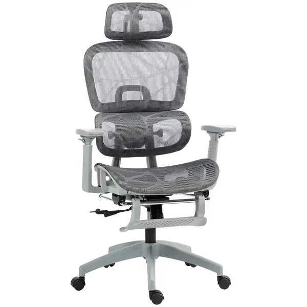 HOMCOM Fotoliu de birou, scaun ergonomic din plasă cu cotiere 3D, spătar rabatabil, 66x64x122 cm, gri | Aosom Romania