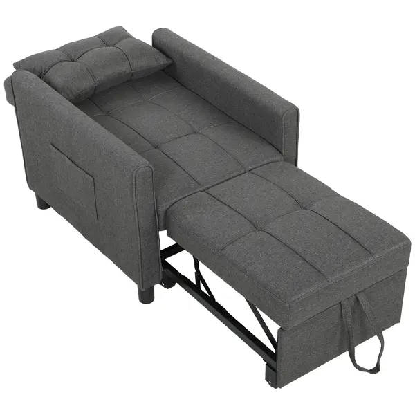HOMCOM Fotoliu Pat Single 3 în 1 din Material Textil Tip In și Lemn cu Spătar Reclinabil, Pernă, Buzunare, Gri | Aosom Romania