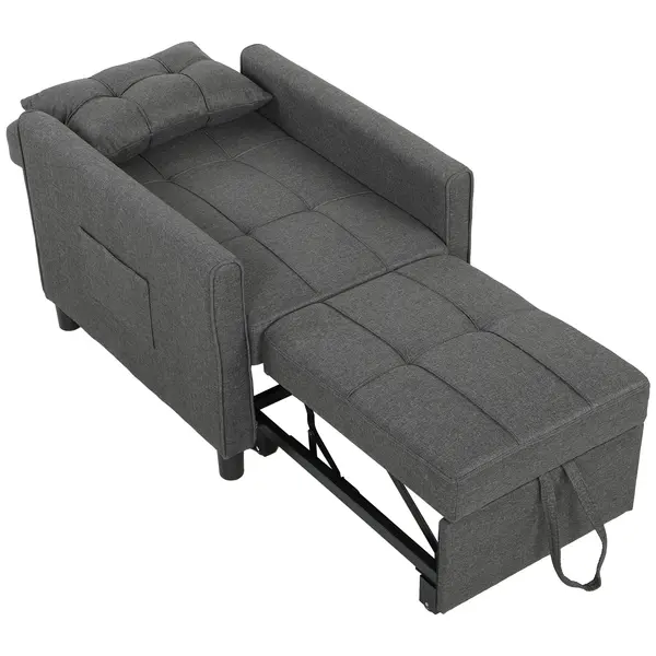 HOMCOM Fotoliu Pat Single 3 în 1 din Material Textil Tip In și Lemn cu Spătar Reclinabil, Pernă, Buzunare, Gri | Aosom Romania