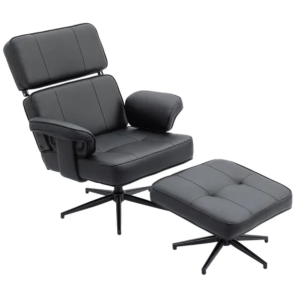 HOMCOM Fotoliu recliner reglabil cu otoman, tapițerie din piele ecologică, tetieră reglabilă pe înălțime, bază metalică, Negru | Aosom Romania