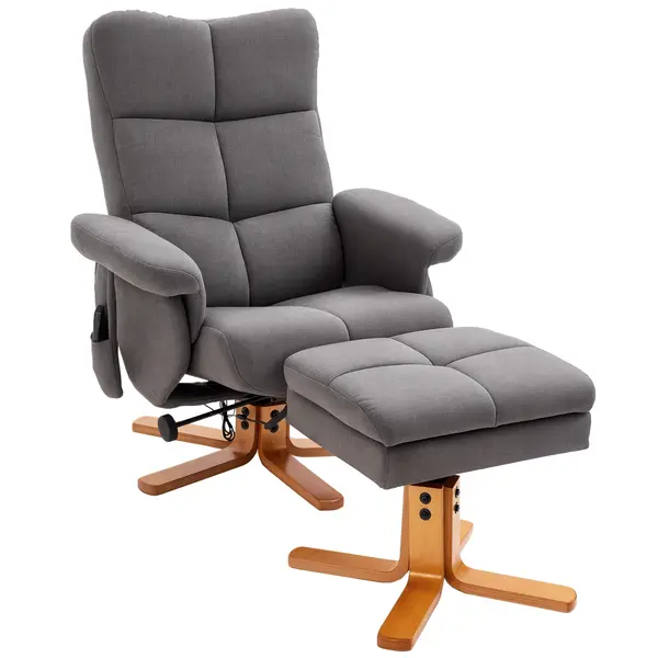 HOMCOM Fotoliu relaxant cu suport pentru picioare, spațiu de depozitare, fotoliu de masaj electric cu funcție de culcare, fotoliu TV rotativ cu buzunar lateral, telecomandă, cadru din lemn, poliester, Gri închis | Aosom Romania