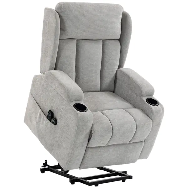 HOMCOM Fotoliu Ridicător Electric cu Masaj și Încălzire, Fotoliu Relax Electric din Chenille, Tetieră Rabatabilă, Gri Deschis | Aosom Romania