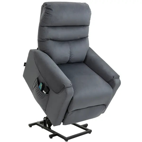 HOMCOM Fotoliu TV cu funcție de ridicare electrică, fotoliu de masaj reclinabil cu încălzire, fotoliu relax cu telecomandă și buzunar lateral, reglabil, țesătură din poliester, gri închis | Aosom Romania