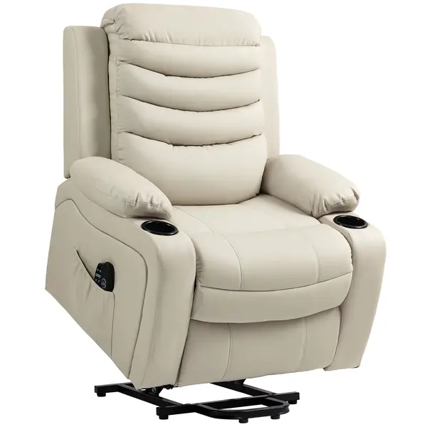 HOMCOM Fotoliu TV relax electric cu funcție de ridicare, masaj, încălzire, porturi USB, PU, crem | Aosom Romania