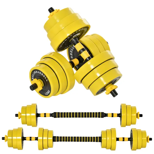 HOMCOM Gantere si Haltere 20 kg, Modulare si 2 în 1, pentru antrenament la domiciliu / sala de sport, din pulbere de fier si PP galben