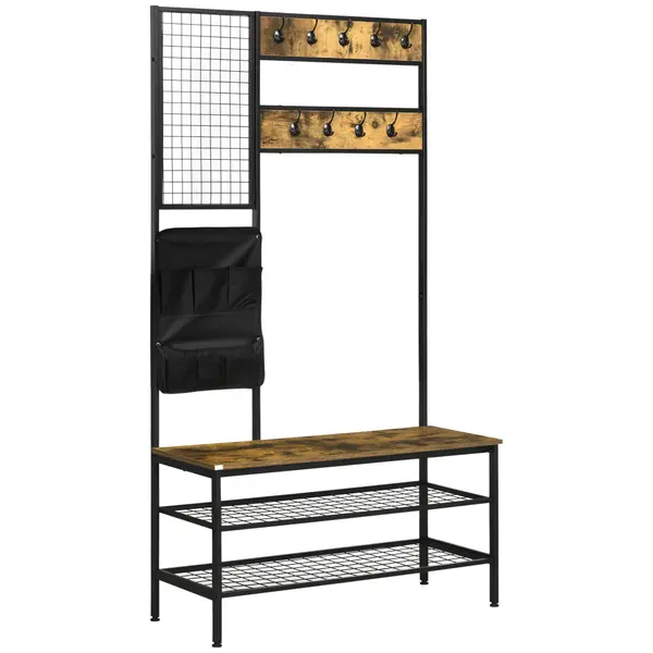 HOMCOM Garderobă în Design Industrial, 1 Tablă Mesaje, 1 Scaun, 8 Cârlige, 1 Geantă de Depozitare, Negru + Maro | Aosom Romania