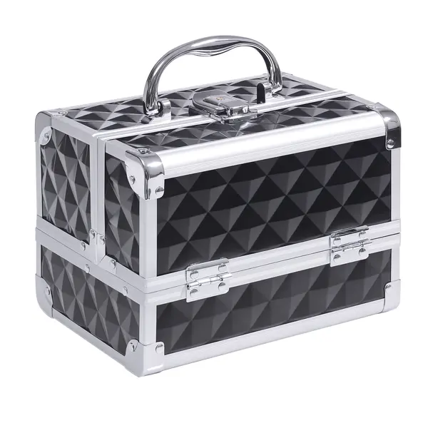 HOMCOM Geantă de machiaj depozitare la 3 nivele cu oglindă lacăt cu 2 chei dim. 20L x 15l x 15H cm negru | Aosom Romania
