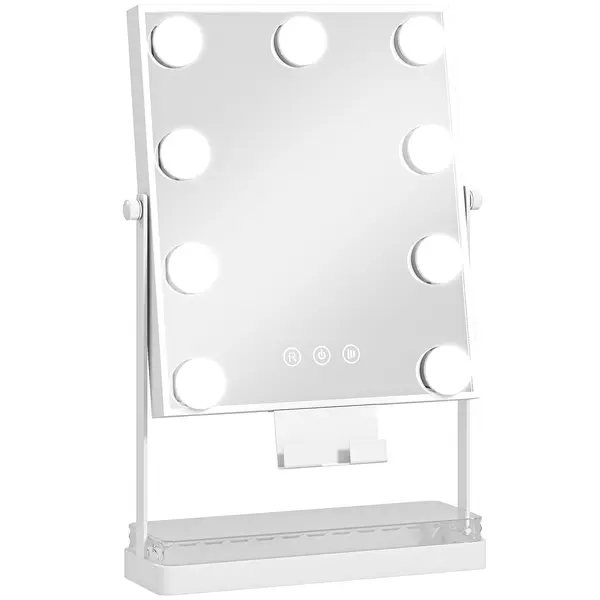 HOMCOM Hollywood Oglindă de machiaj cu lumină 9 becuri LED 3 culori comutator tactil suport pentru telefon Alb | Aosom Romania