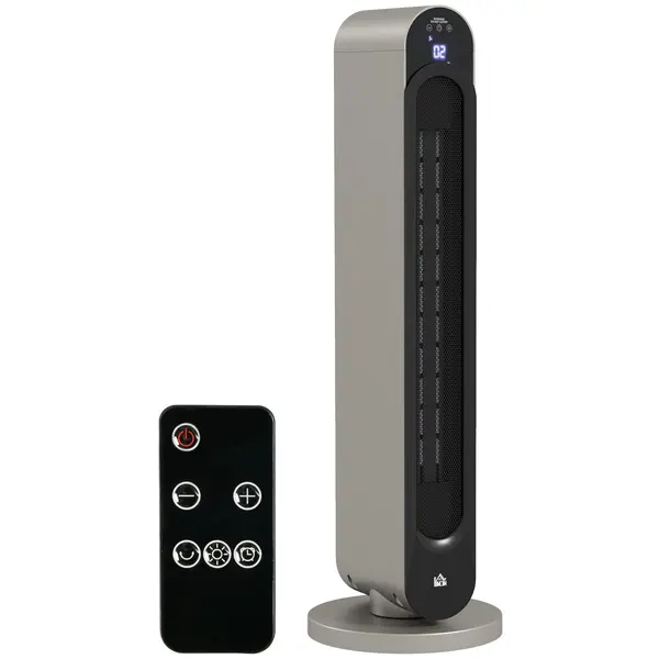 HOMCOM Incalzitor Electric Oscilant cu 3 Moduri de Incalzire, cu ventilator, Temperatura Reglabila, Telecomanda Ø25x73.5 cm, Argintiu | Aosom Romania
