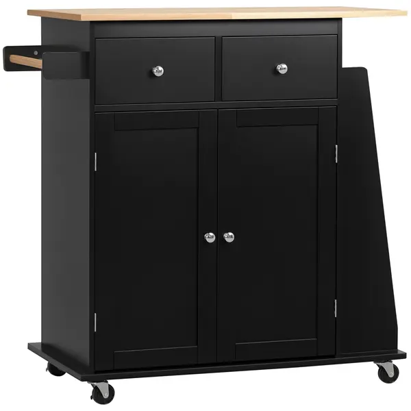 HOMCOM Insulă de Bucătărie cu Dulăpior, 2 Sertare și Suport pentru Condimente cu 3 Rafturi, 89x45x89,5 cm, Negru | Aosom Romania