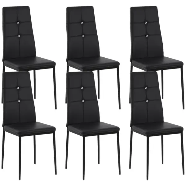 HOMCOM Joc de 6 Scaune de Dining Tapitate în PU cu Spătar Înalt cu Butoane și Picioare de Oțel Design Modern Negru | Aosom Romania