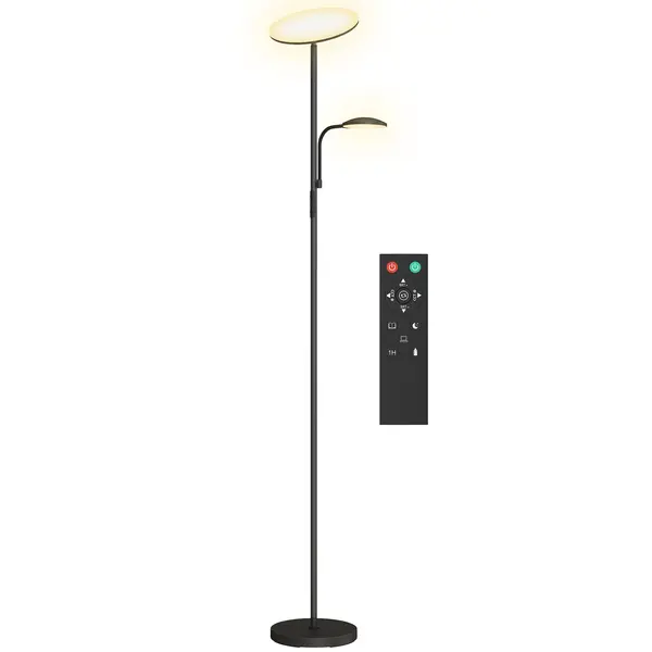 HOMCOM Lampă de Podea cu 2 Surse de Lumină Reglabile pe 4 Niveluri și Telecomandă, Neagră | Aosom Romania