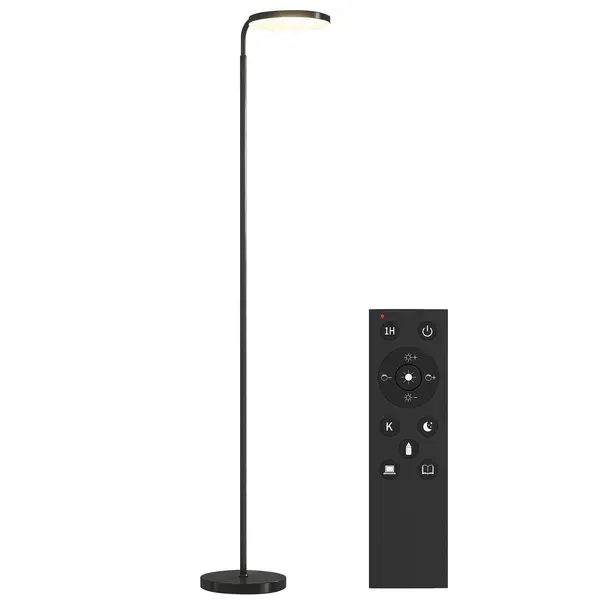 HOMCOM Lampă de Podea LED cu Cap Rotativ la 350° și Telecomandă Magnetică, Reglaj Continuu 3000K-6500K, Negru | Aosom Romania