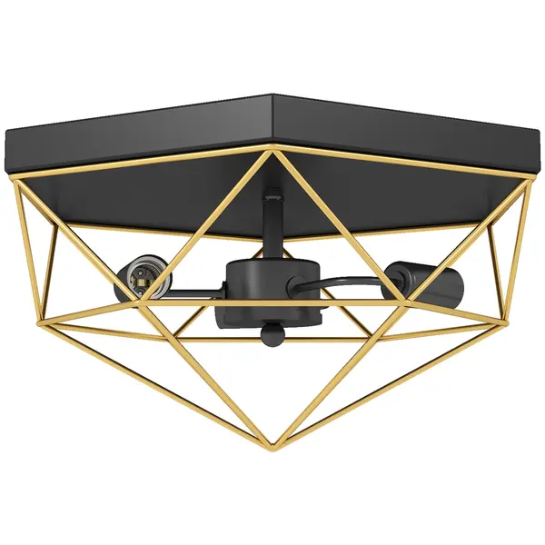 HOMCOM Lampă de Tavan Stil Industrial Geometrică cu 3 Suporturi E27 pentru Becuri LED, Negru și Auriu | Aosom Romania