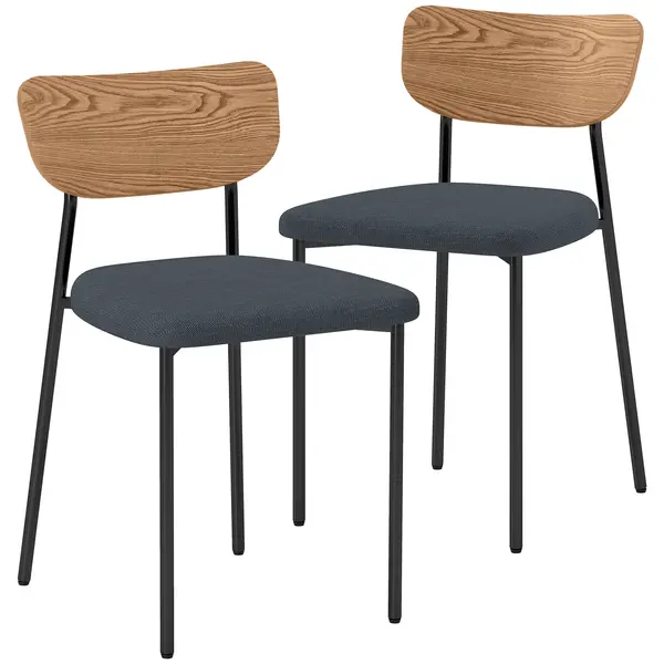 HOMCOM Lot de 2 scaune de dining cu picioare din oțel, spate curbat și șezut tapitat, gri și efect de lemn natural | Aosom Romania