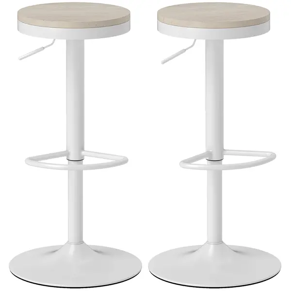 HOMCOM Lot de 2 taburete de bar, scaune de bar pivotante cu scaun din hevea, înălțime reglabilă și suport pentru picioare, alb | Aosom Romania