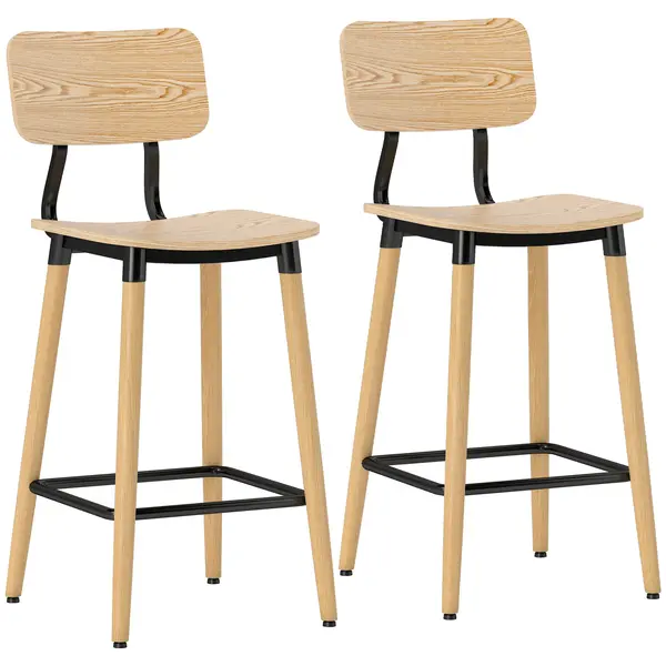 HOMCOM Lot de 2 tabureți de bar cu spatar, înalțime reglabilă și repose-pieds structură din oțel înălțime 94 cm, lemn natural | Aosom Romania