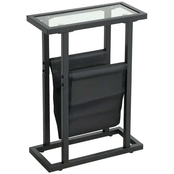 HOMCOM Masă auxiliară îngustă, colț de canapea din metal cu suport pentru reviste și blat din sticlă temperată, 40 x 18 x 55,5 cm, negru | Aosom Romania