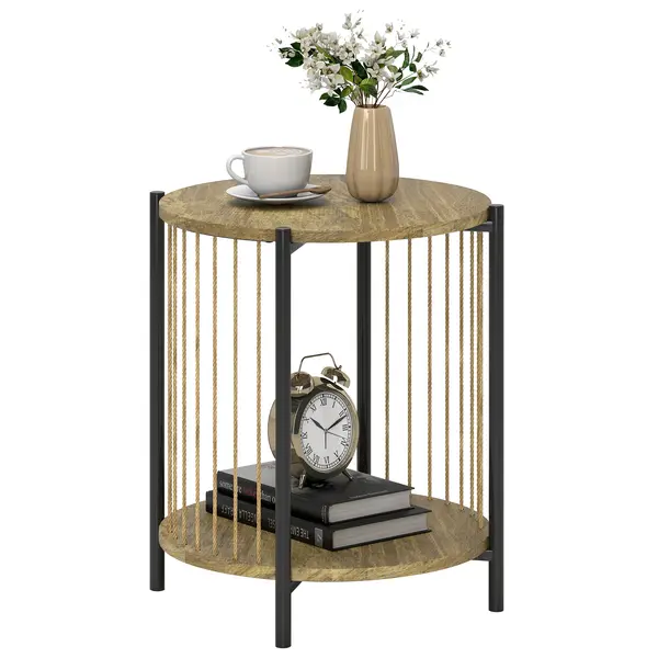 HOMCOM Masă Auxiliară Rotundă de 2 Nivele cu Raft și Structură de Oțel pentru Sufragerie Dormitor 43,5x43,5x51 cm Lemn Natural | Aosom Romania