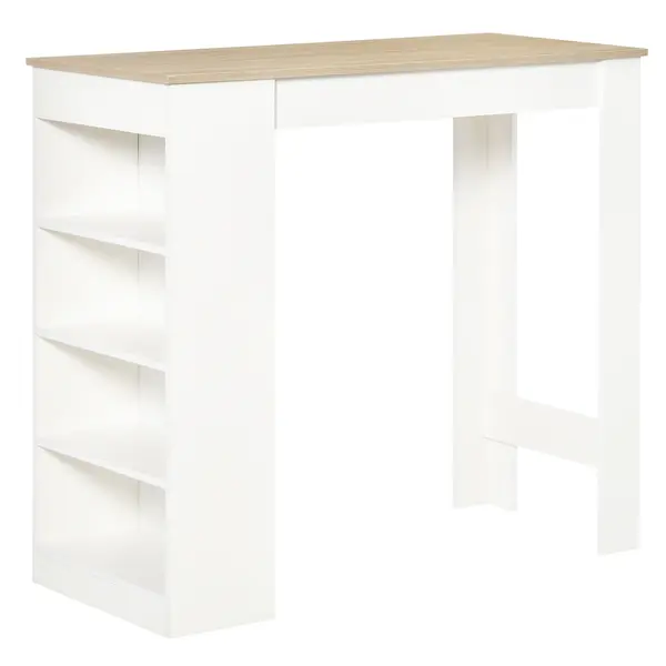 HOMCOM Masă de bar pentru 2 persoane, masă înaltă stand-up cu 4 rafturi deschise, 115x50x102,7cm, alb și lemn natural | Aosom Romania