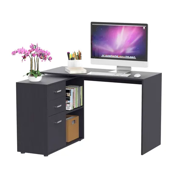 HOMCOM Masa de Birou de colt cu Sertar, pentru Birou si Casa, in Forma de L, Neagra