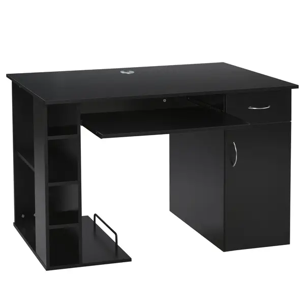 HOMCOM Masa de birou pentru PC Ergonomica cu Rafturi si Spatiu Tastatura Detasabila Neagra