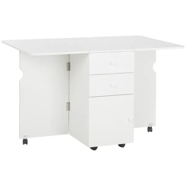 HOMCOM Masa de Bucatarie pliabila cu 2 Sertare si Dulapior cu Usi, Masa Plianta cu 6 Roti din PAL, 120x80x75 cm, Alb
