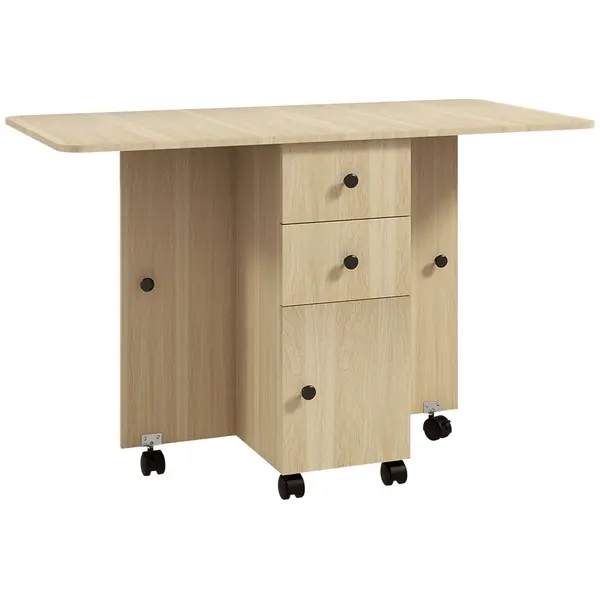 HOMCOM Masă de Bucătărie Pliabilă, Masă Rabatabilă cu Roți și Frâne pentru 6 Persoane, Birou Pliabil cu 2 Sertare și Dulap, pentru Living, 120x60x76.5 cm, Lemn Natural | Aosom Romania
