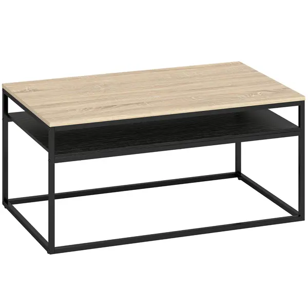 HOMCOM Masă de cafea cu raft, stil industrial modern, 2 rafturi & picioare reglabile, stejar | Aosom Romania