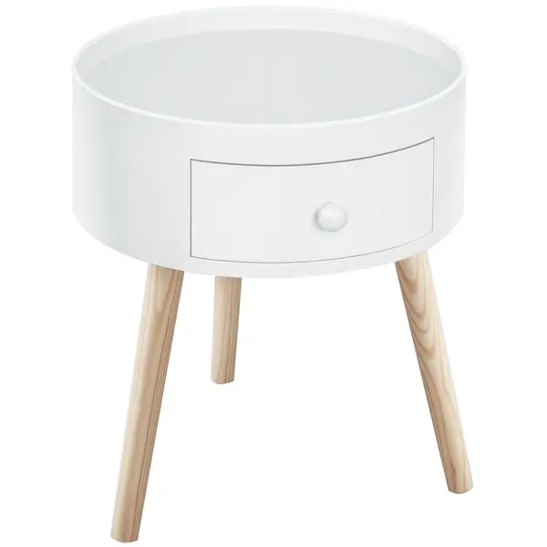 HOMCOM Masa de cafea cu sertar, rotundă, design scandinav, margine de protecție, lemn, Ø38 x H45 cm, Alb | Aosom Romania