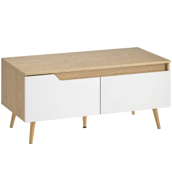 HOMCOM Masă de cafea dreptunghiulară, masă de living modernă cu 2 sertare, 5 picioare din lemn de pin, 100x50x46cm, stejar și alb | Aosom Romania