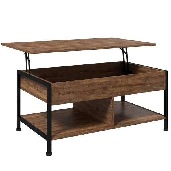 HOMCOM Masă de cafea ridicabilă masă de salon cu compartiment ascuns și 2 rafturi inferioare 100 x 80 x 60 cm maro rustic negru | Aosom Romania