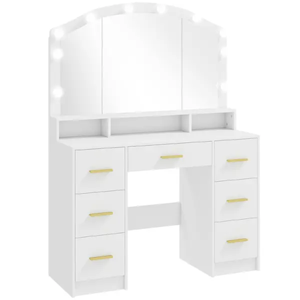 HOMCOM Masă de machiaj cu 10 becuri LED Hollywood, oglindă, 7 sertare, 3 compartimente, MDF, Alb | Aosom Romania